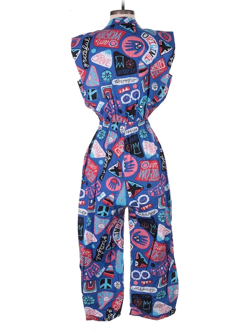 Sleeveless Blue Graphic-Print Jumpsuit with Elastic Waist